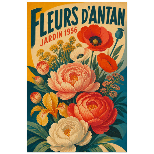 Affiche Fleurs d'Antan – Jardin 1956, affiche botanique publicitaire des années 1950, gouache et sérigraphie au lettrage peint verticale, format 30 × 45 cm