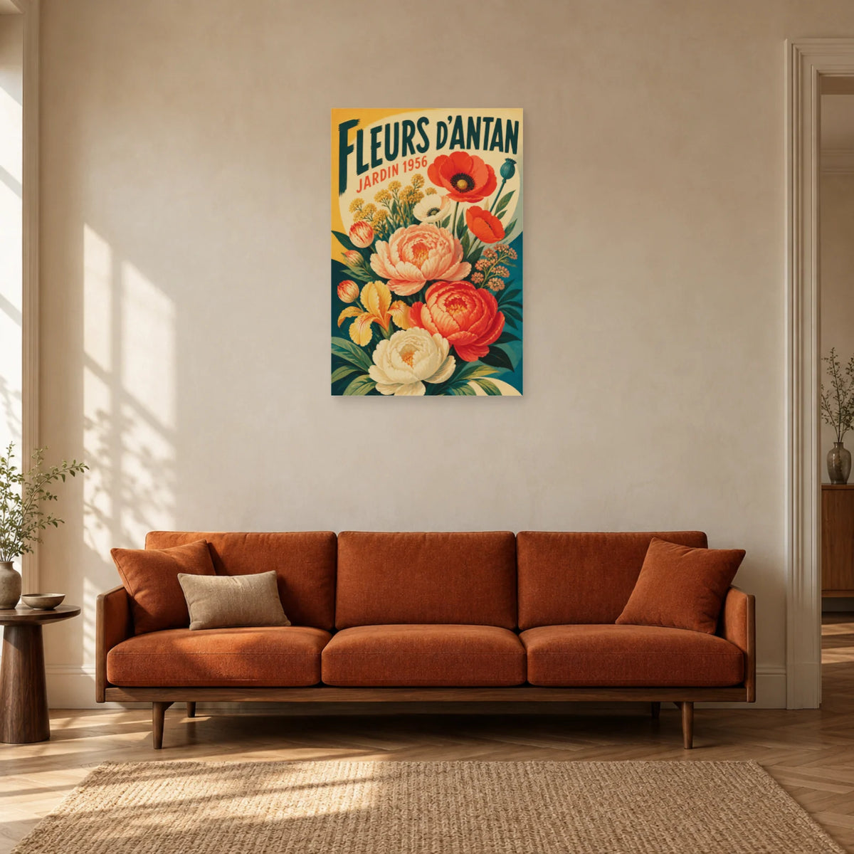 Affiche Fleurs d'Antan – Jardin 1956 dans un salon - Art Virtuoso