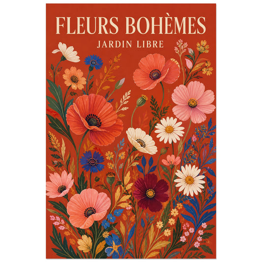 Affiche Fleurs Bohèmes – Jardin Libre, gouache florale folk contemporaine verticale, format 30 × 45 cm
