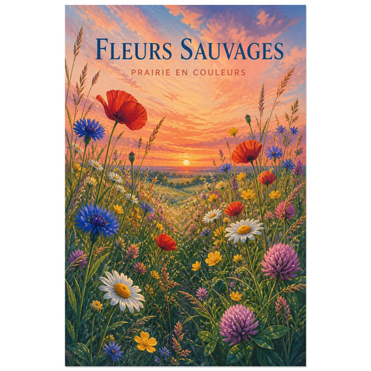 Affiche Fleurs Sauvages – Prairie en Couleurs, gouache paysagère lumineuse verticale, format 30 × 45 cm