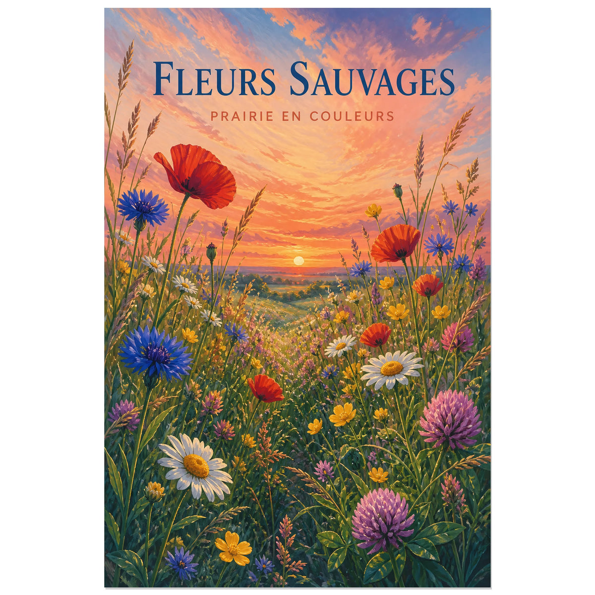 Affiche Fleurs Sauvages – Prairie en Couleurs, gouache paysagère lumineuse verticale, format 60 × 90 cm