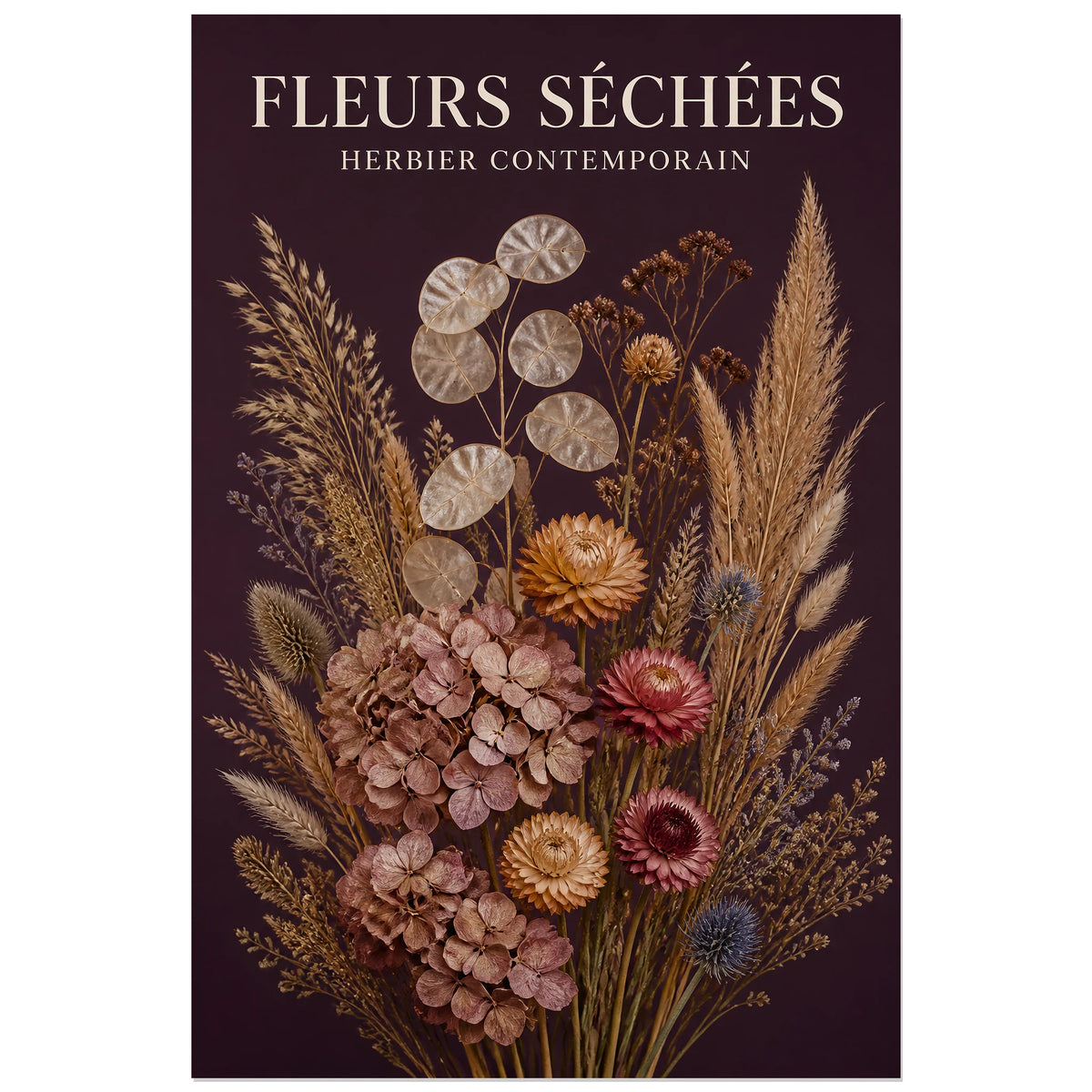 Affiche Fleurs Séchées – Herbier Contemporain, photographie de nature morte florale verticale, format 60 × 90 cm