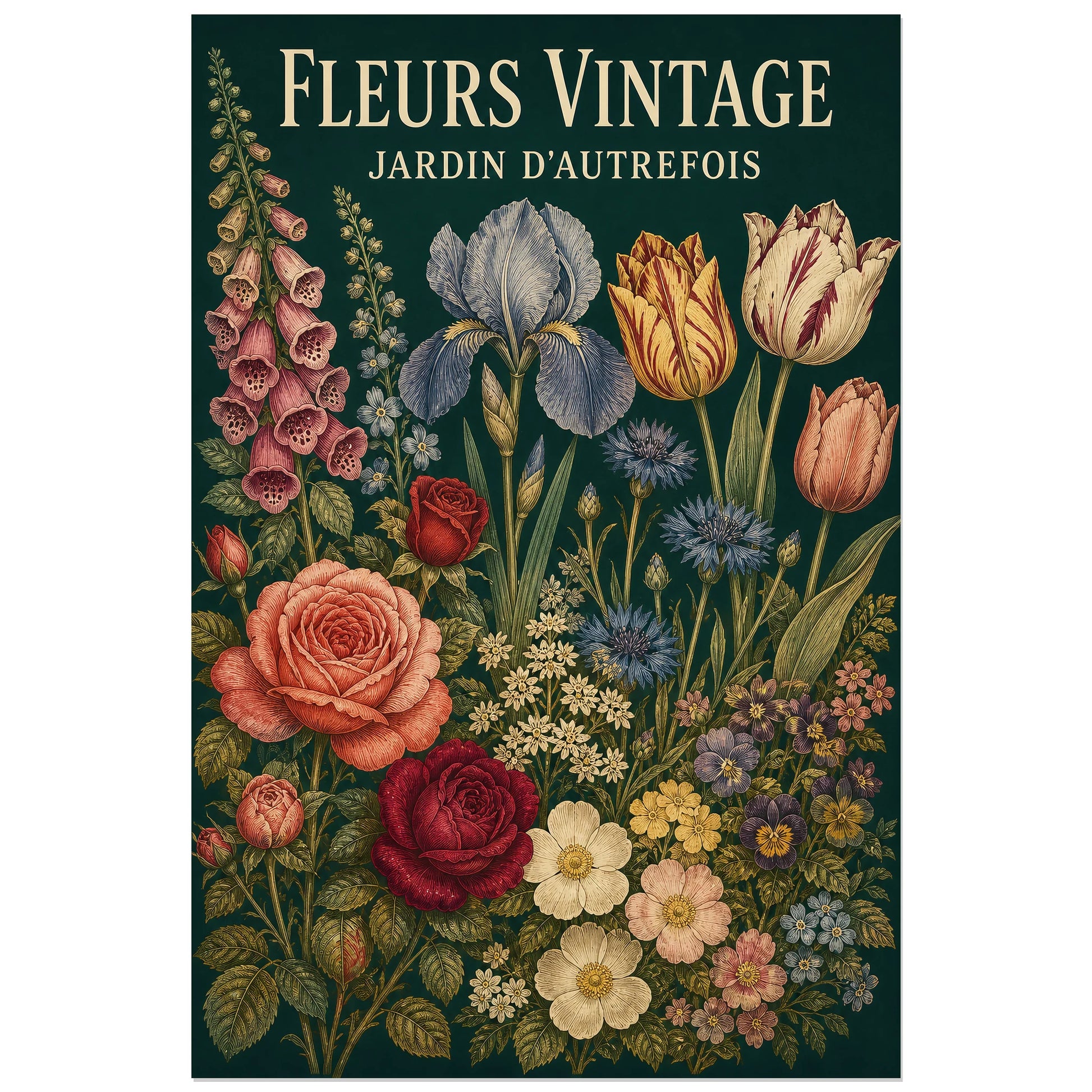 Affiche Fleurs Vintage – Jardin d'Autrefois, gravure botanique colorée verticale, format 30 × 45 cm