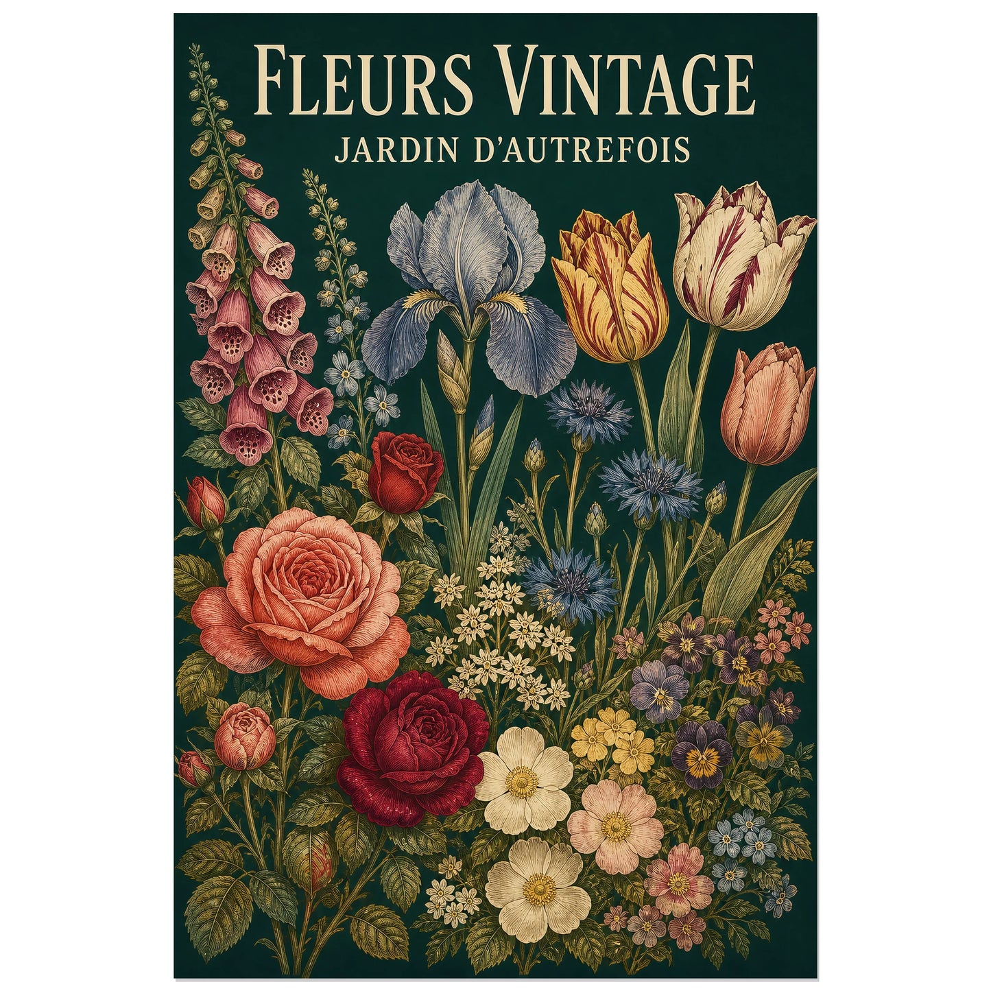 Affiche Fleurs Vintage – Jardin d'Autrefois, gravure botanique colorée verticale, format 60 × 90 cm