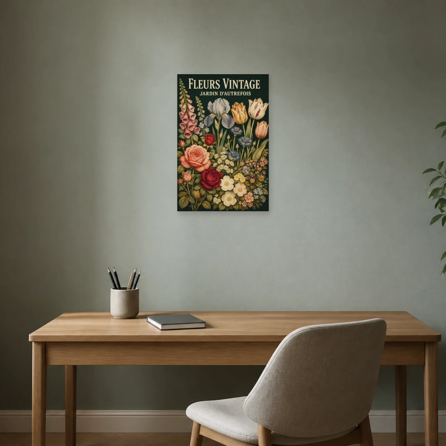Affiche Fleurs Vintage – Jardin d’Autrefois dans un bureau - Art Virtuoso