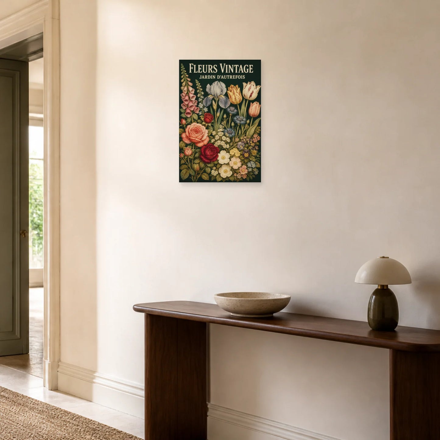 Affiche Fleurs Vintage – Jardin d’Autrefois dans une entrée ou un couloir - Art Virtuoso