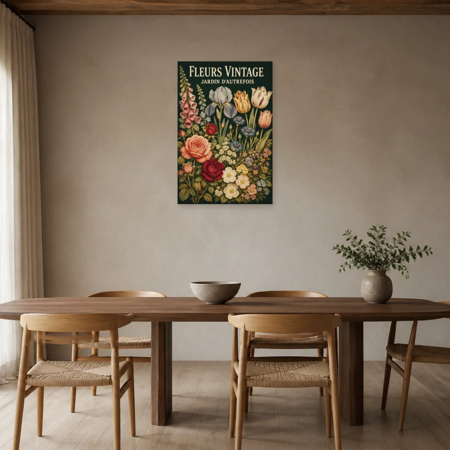 Affiche Fleurs Vintage – Jardin d’Autrefois dans une salle à manger - Art Virtuoso