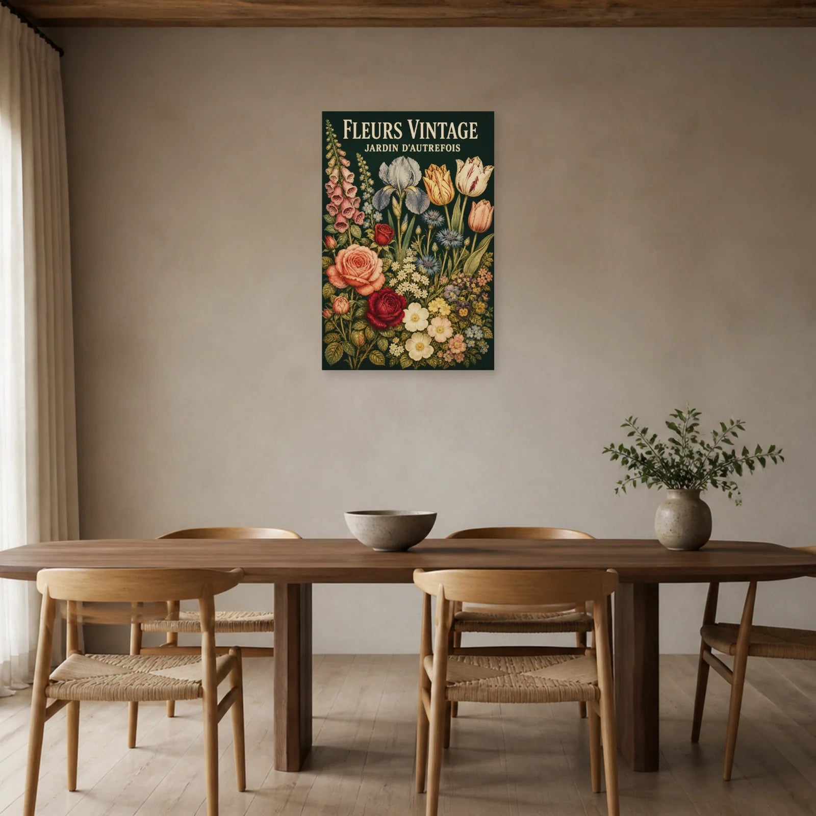 Affiche Fleurs Vintage – Jardin d’Autrefois dans une salle à manger - Art Virtuoso