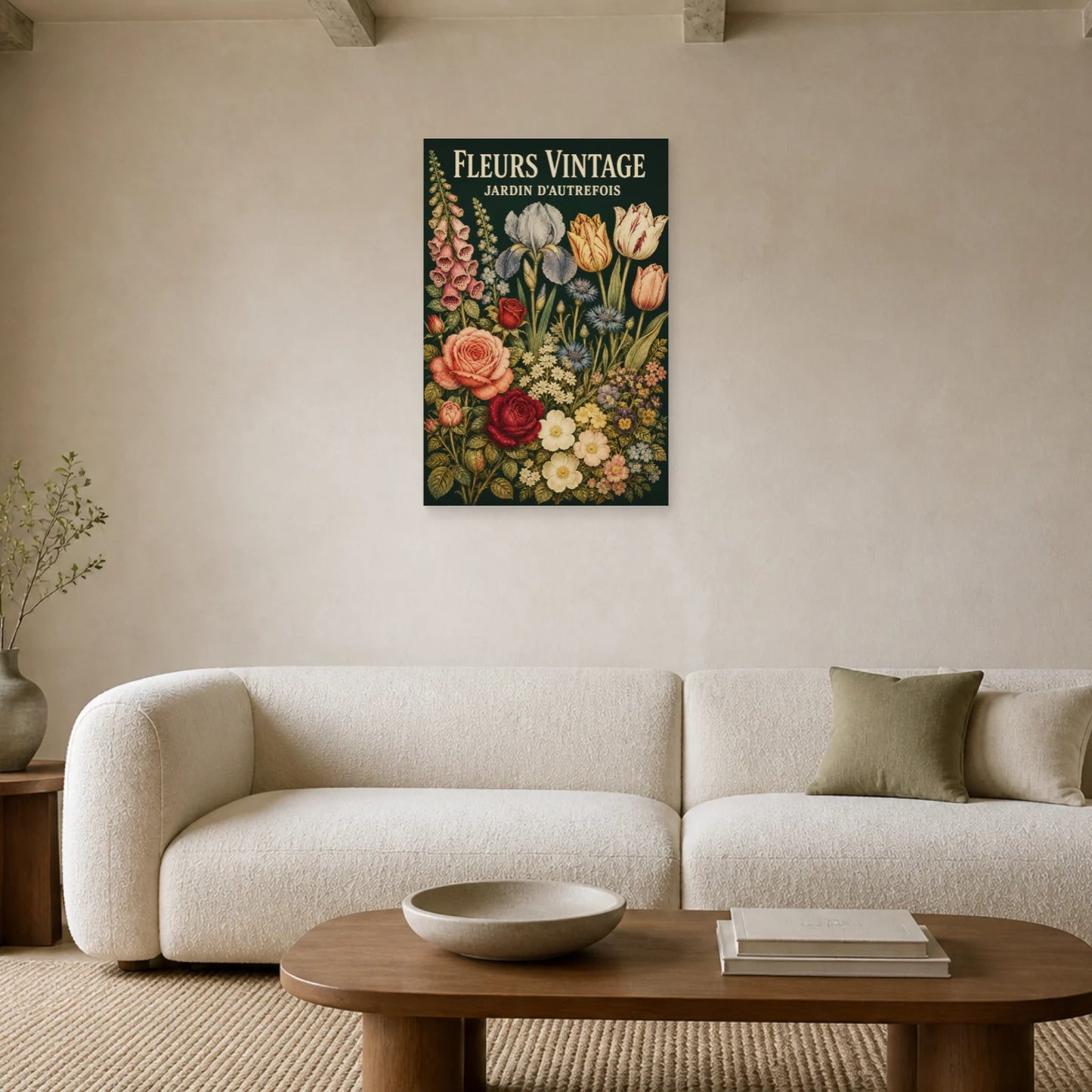 Affiche Fleurs Vintage – Jardin d’Autrefois dans un salon - Art Virtuoso