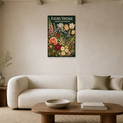 Affiche Fleurs Vintage – Jardin d’Autrefois dans un salon - Art Virtuoso