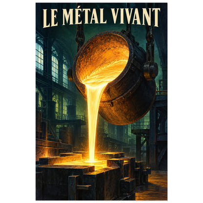 Coulée lumineuse dans une halle de fonderie, affiche 30 × 45 cm
