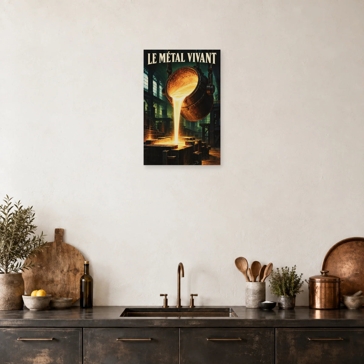 Affiche Fonderie - Le métal vivant dans une salle à manger - Art Virtuoso
