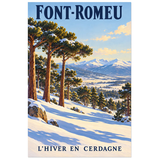 Affiche Font-Romeu – Pins et neige, illustration peinte / affiche touristique néo-vintage verticale, format 30 × 45 cm