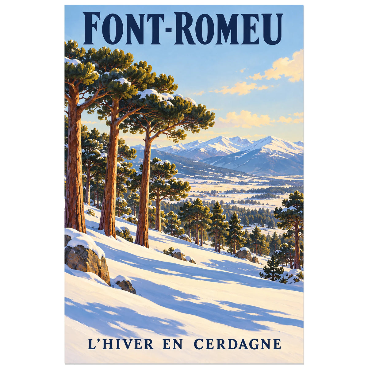 Affiche Font-Romeu – Pins et neige, illustration peinte / affiche touristique néo-vintage verticale, format 60 × 90 cm