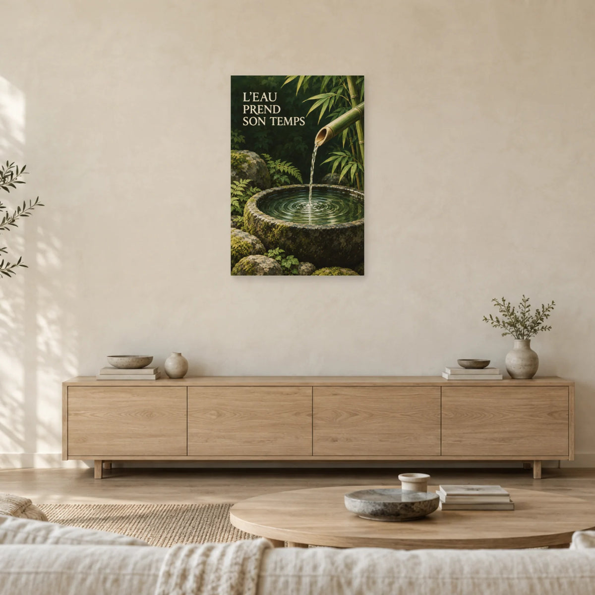 Affiche Fontaine de bambou - L'eau prend son temps dans un salon - Art Virtuoso