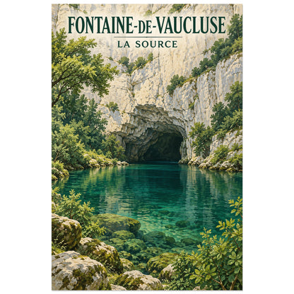 Affiche Fontaine-de-Vaucluse La source, illustration peinte / affiche de voyage rétro verticale, format 30 × 45 cm