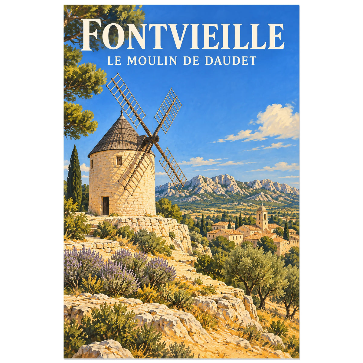 Affiche Fontvieille Moulin de Daudet, illustration peinte / affiche de voyage rétro verticale, format 40 × 60 cm