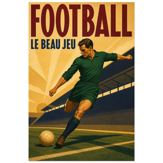 Joueur de football en vert près du ballon sur pelouse, affiche 30 × 45 cm