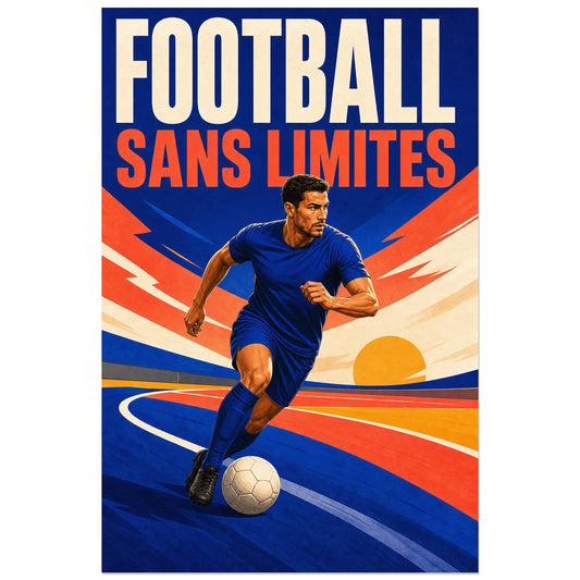Joueur de football bleu conduisant un ballon, affiche 30 × 45 cm
