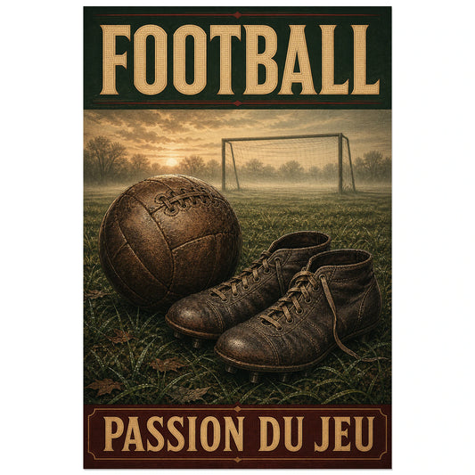 Ballon à lacets et chaussures anciennes sur pelouse, affiche 30 × 45 cm