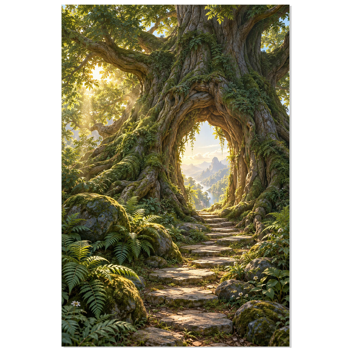 Affiche 40 × 60 cm avec racines moussues et vallée au soleil