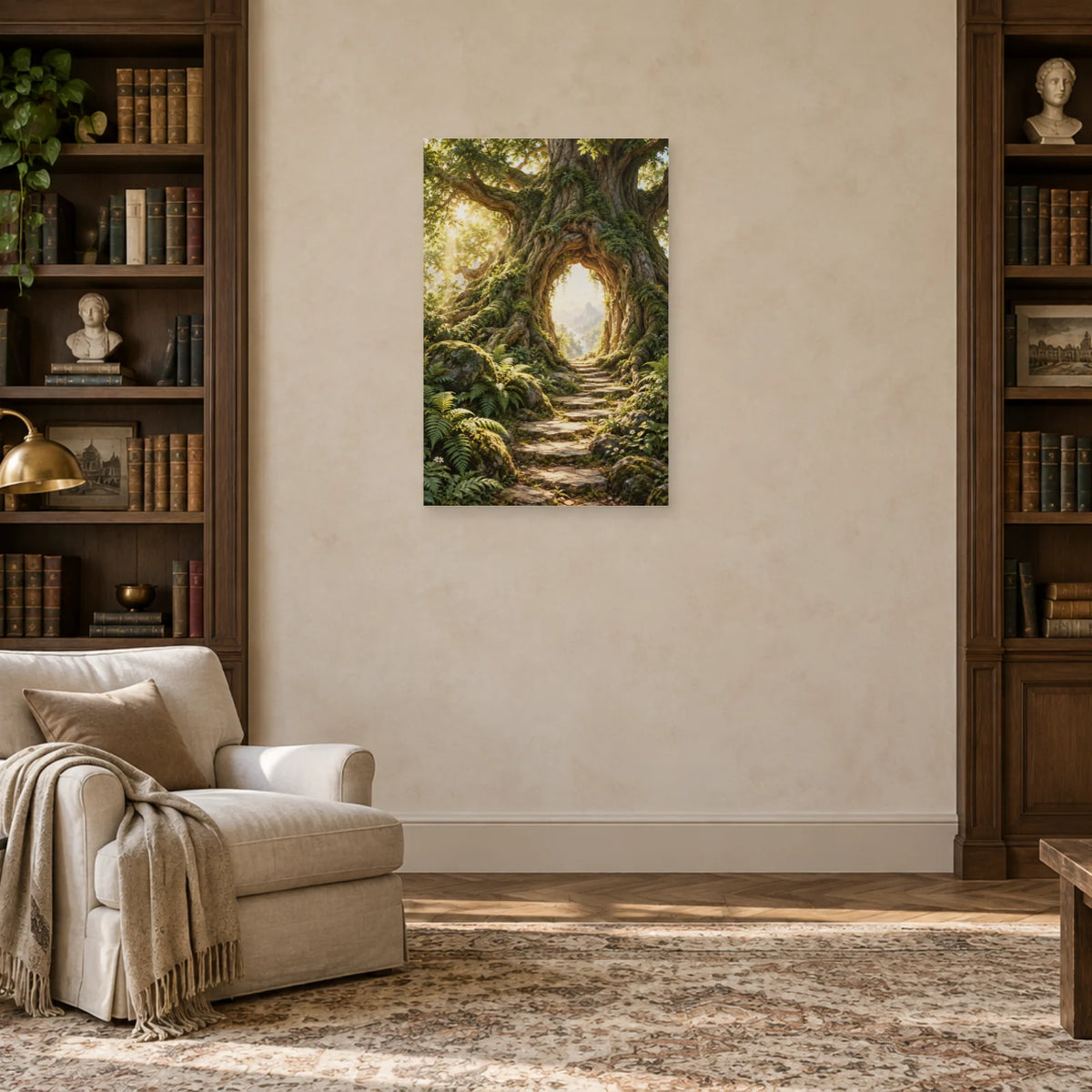 Affiche forêt à l’arche lumineuse dans un salon - Art Virtuoso