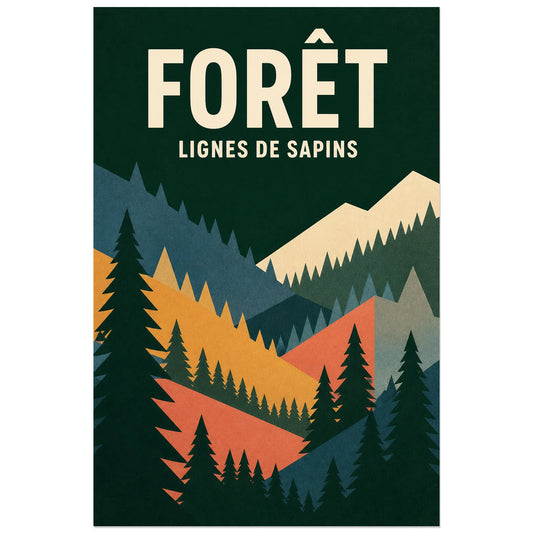 Affiche Forêt – Lignes de sapins, illustration graphique rétro de paysage forestier en aplats texturés verticale, format 30 × 45 cm