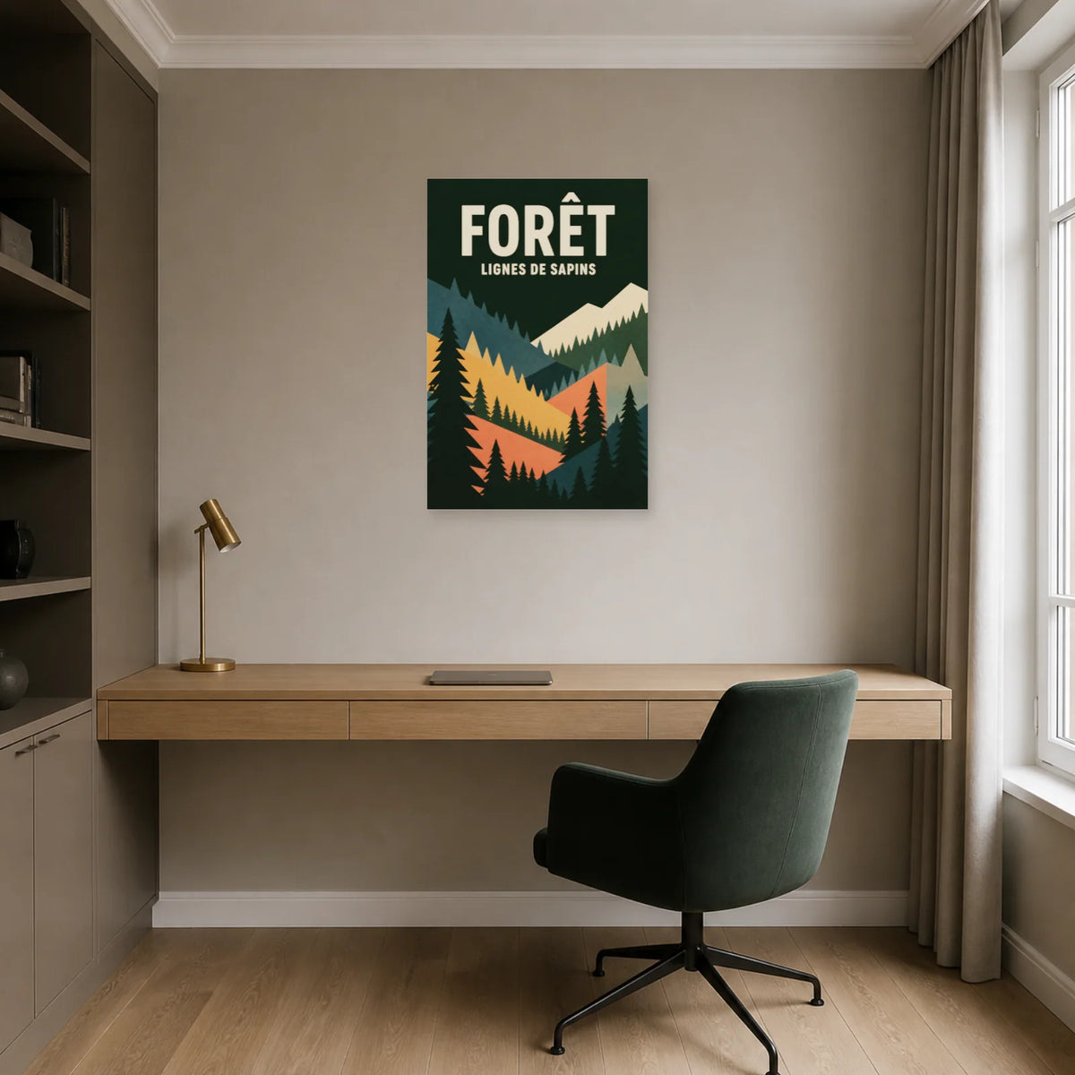 Affiche Forêt – Lignes de sapins dans un bureau - Art Virtuoso