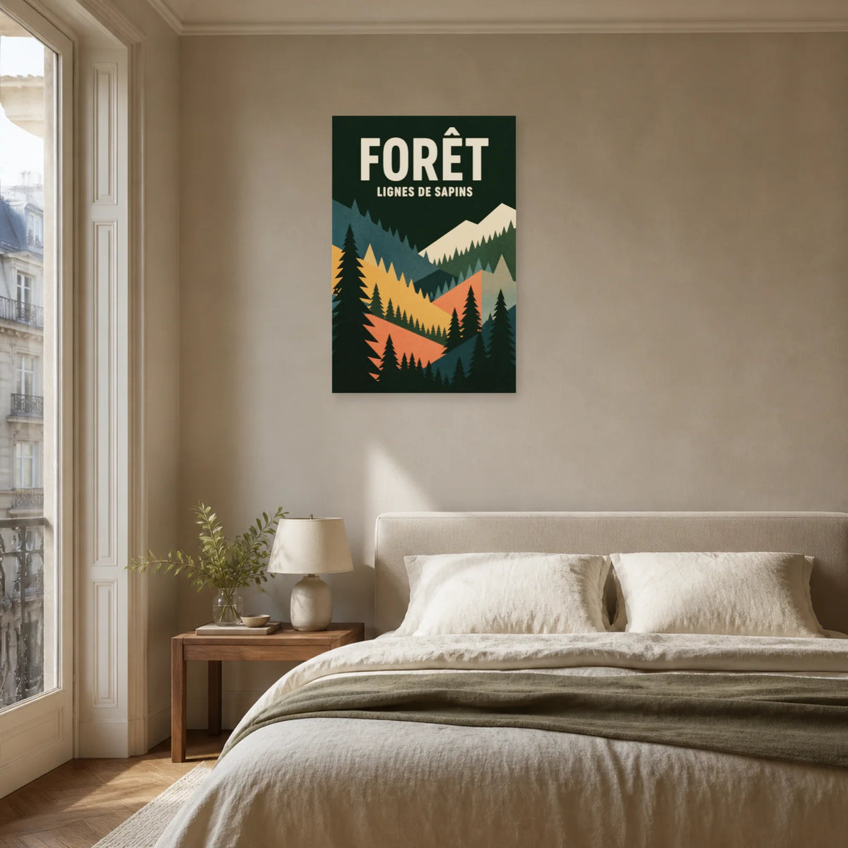 Affiche Forêt – Lignes de sapins dans une chambre - Art Virtuoso