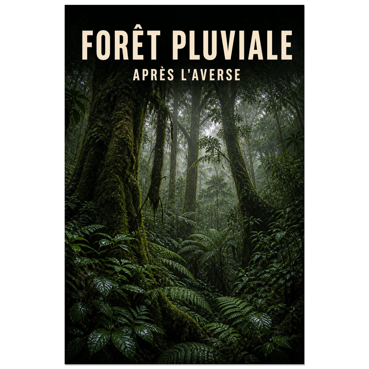 Affiche Forêt pluviale – Après l'averse, photographie réaliste de forêt pluviale après la pluie verticale, format 60 × 90 cm