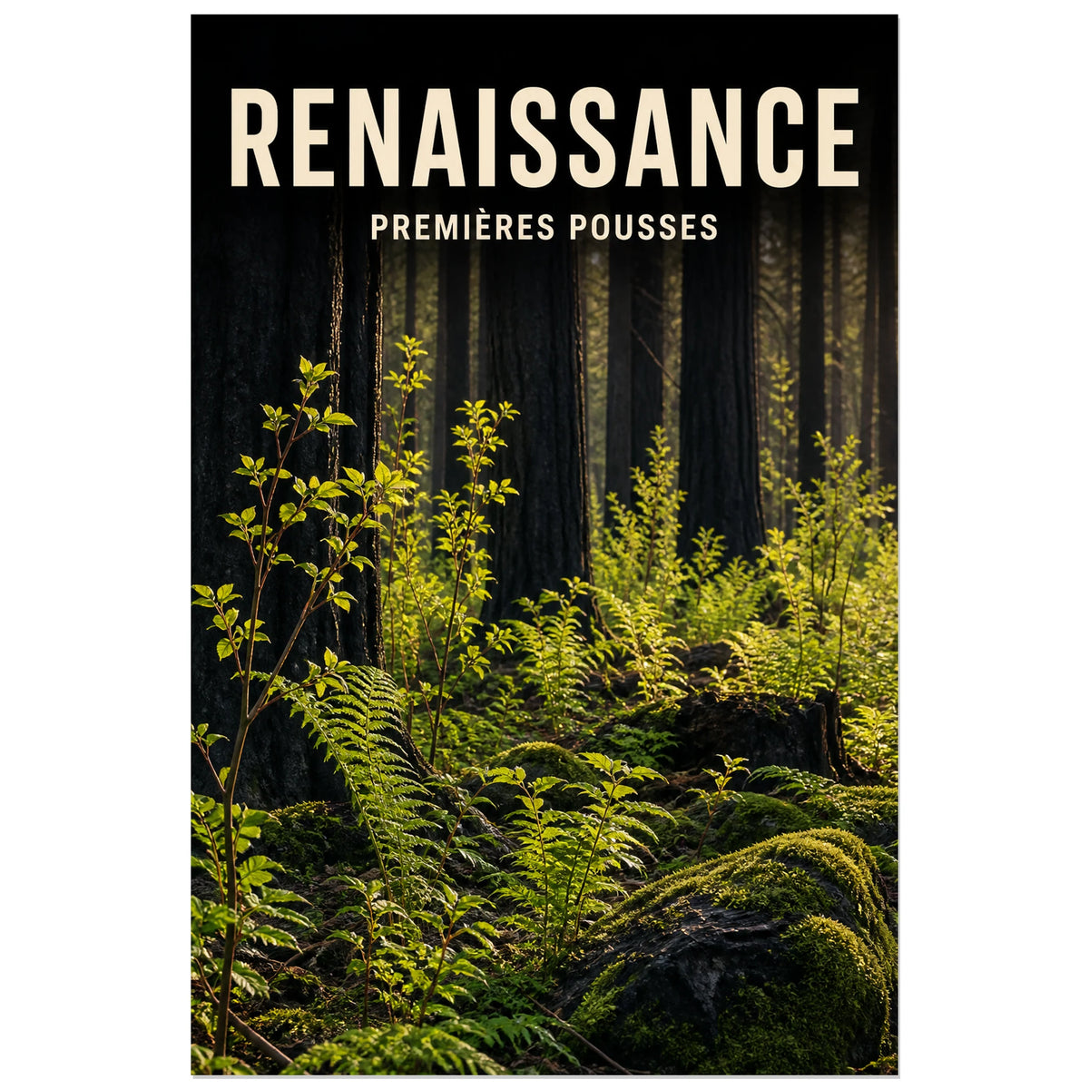 Affiche Renaissance – Premières pousses, photographie réaliste de sous-bois en lumière naturelle verticale, format 30 × 45 cm