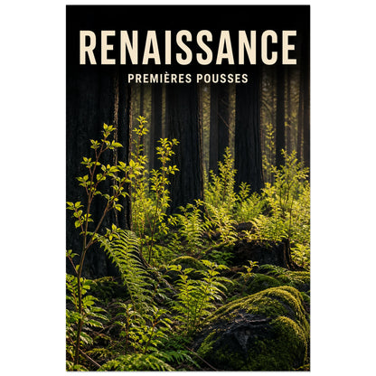 Affiche Renaissance – Premières pousses, photographie réaliste de sous-bois en lumière naturelle verticale, format 60 × 90 cm
