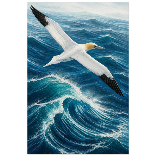 Affiche Fou de Bassan au-dessus de l’océan, illustration marine dynamique en gouache aux accents de linogravure verticale, format 30 × 45 cm