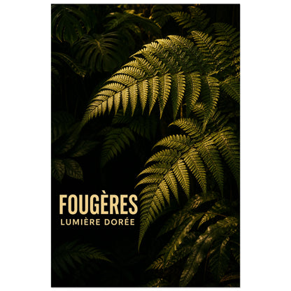 Affiche Fougères – Lumière dorée, photographie botanique dramatique à lumière rasante verticale, format 40 × 60 cm