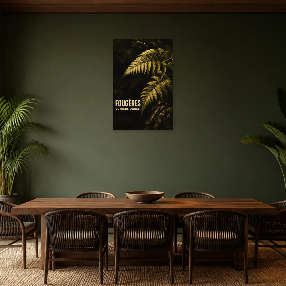 Affiche Fougères – Lumière dorée dans une salle à manger - Art Virtuoso