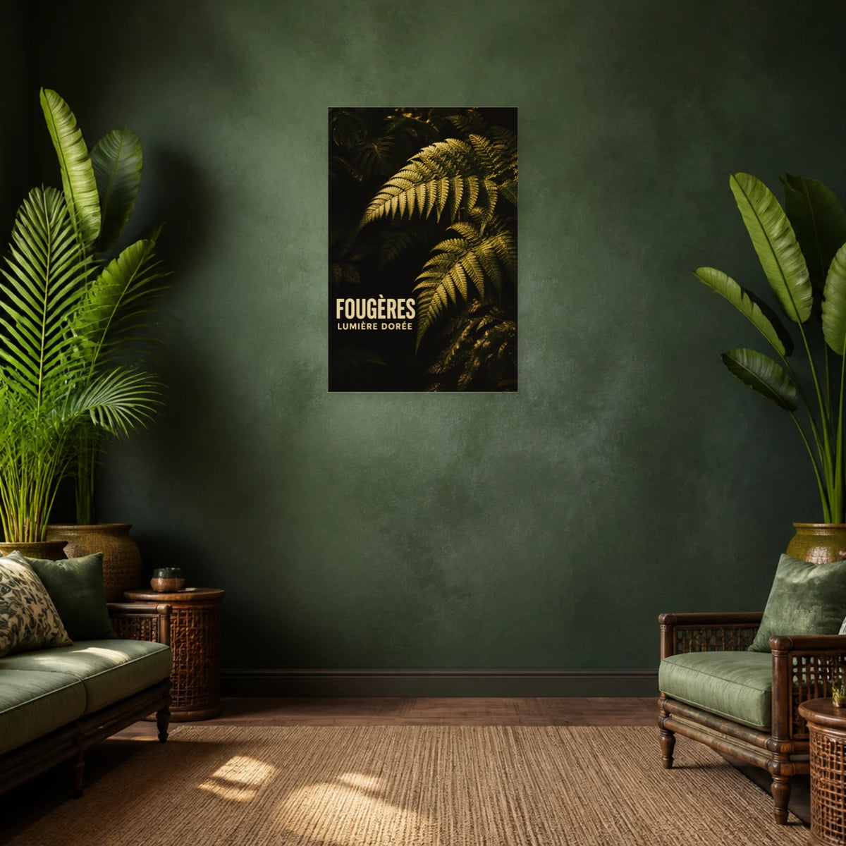 Affiche Fougères – Lumière dorée dans un salon - Art Virtuoso