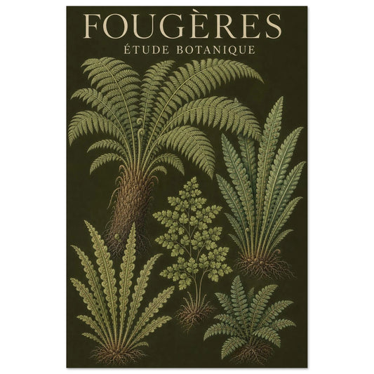 Affiche Fougères – Étude Botanique, illustration éditoriale verticale, format 30 × 45 cm