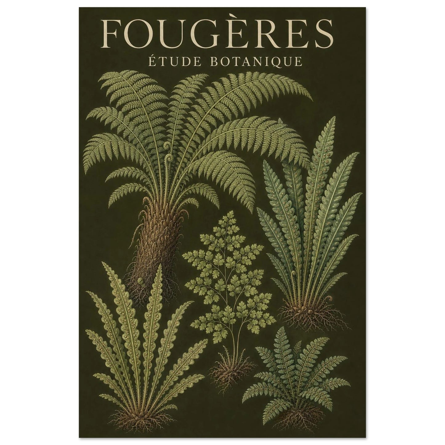 Affiche Fougères – Étude Botanique, illustration éditoriale verticale, format 60 × 90 cm