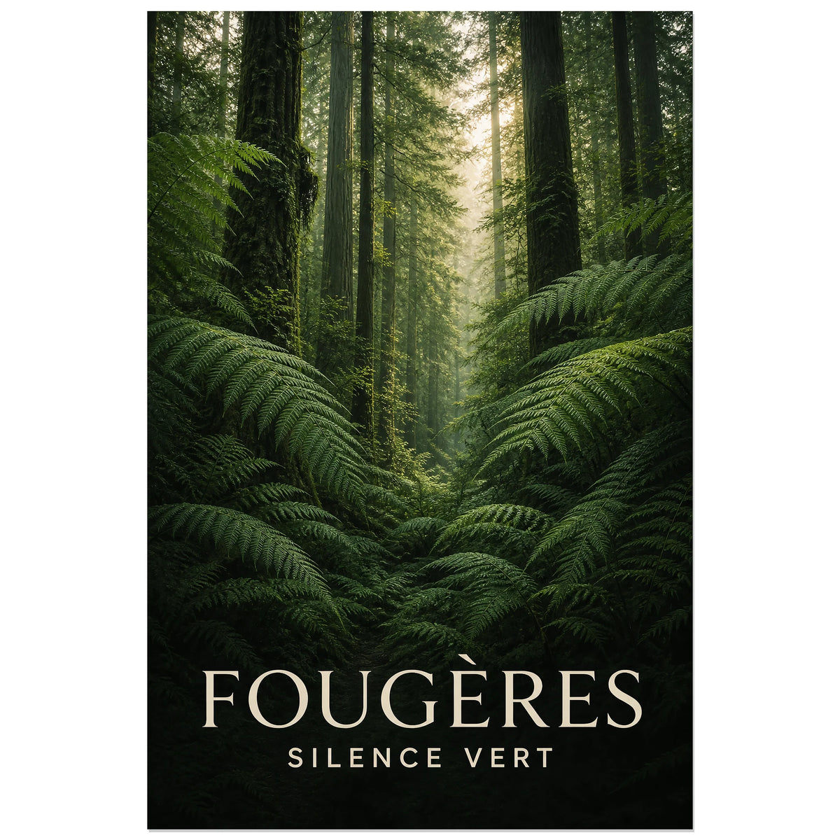 Affiche Fougères – Silence Vert, photographie de paysage forestier verticale, format 30 × 45 cm
