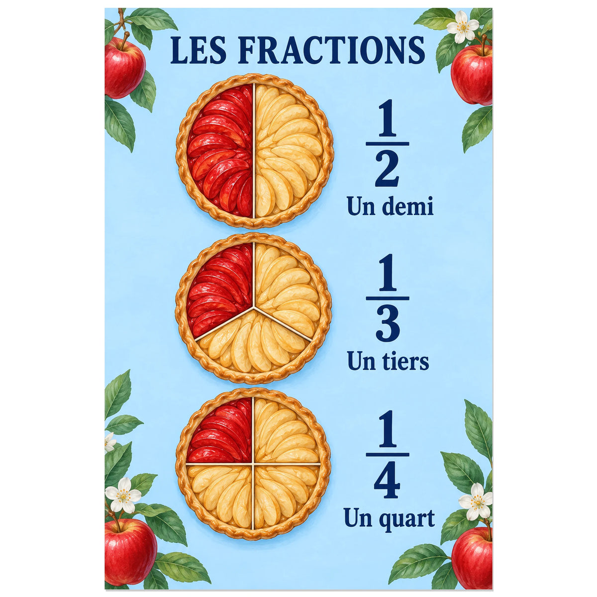 Trois partages de tarte avec fractions écrites en français, affiche 40 × 60 cm
