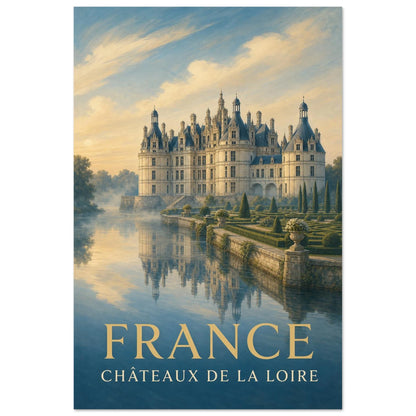 Affiche France – Châteaux de la Loire, illustration de voyage romantique à facture picturale et lumière brumeuse verticale, format 40 × 60 cm