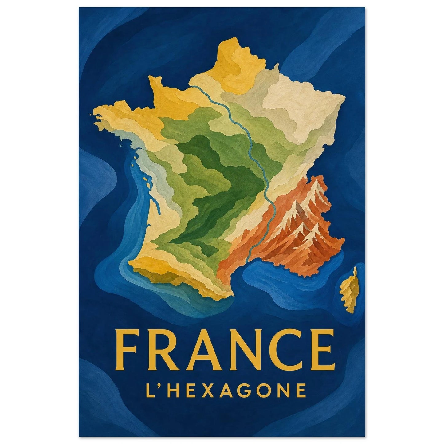 Affiche France – L’Hexagone, illustration cartographique tactile, entre papier sculpté et gouache contemporaine verticale, format 60 × 90 cm