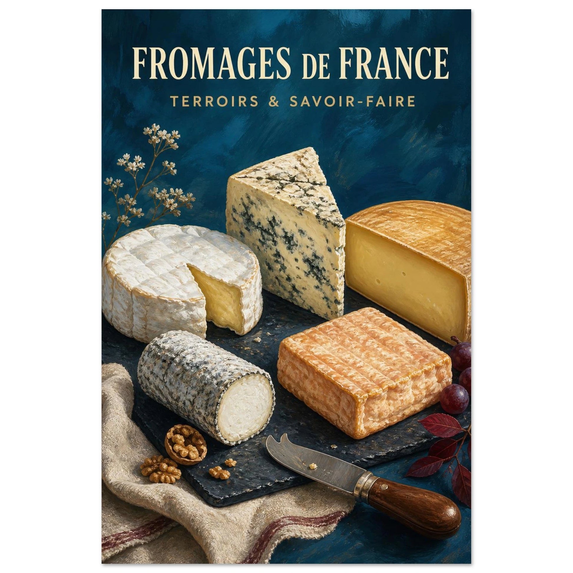 Affiche Fromages de France – Terroirs & Savoir-Faire, gouache contemporaine verticale, format 30 × 45 cm