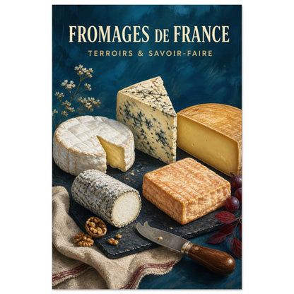 Affiche Fromages de France – Terroirs & Savoir-Faire, gouache contemporaine verticale, format 60 × 90 cm