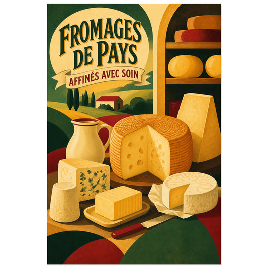 Affiche Fromages de Pays – Affinés avec Soin, affiche laitière rustique au lettrage de réclame ancienne verticale, format 30 × 45 cm