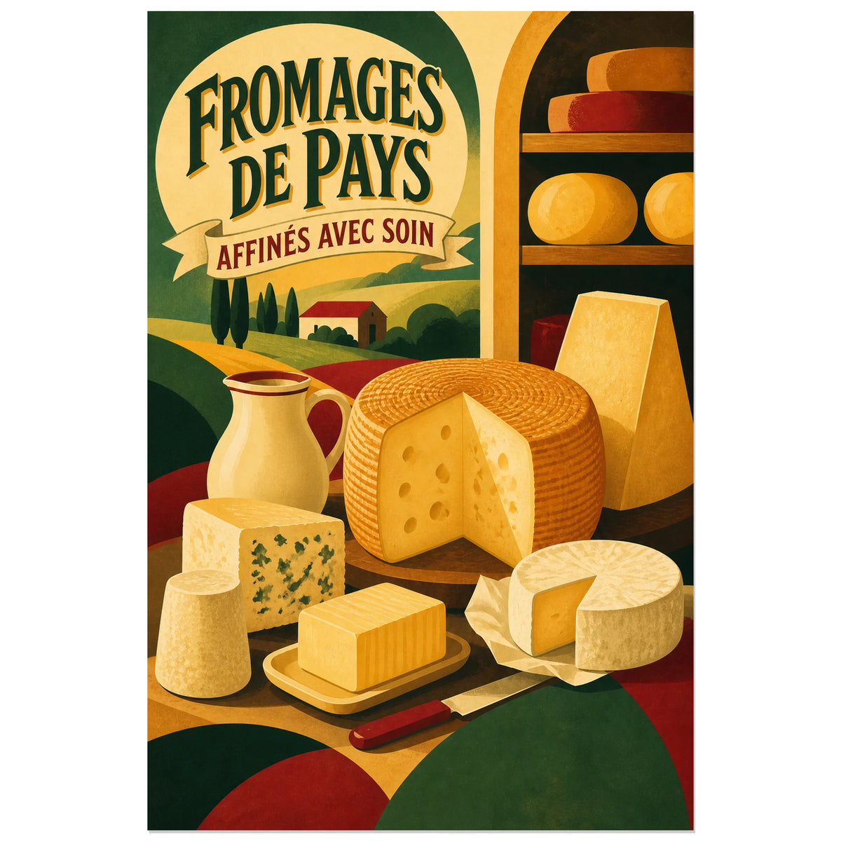 Affiche Fromages de Pays – Affinés avec Soin, affiche laitière rustique au lettrage de réclame ancienne verticale, format 60 × 90 cm