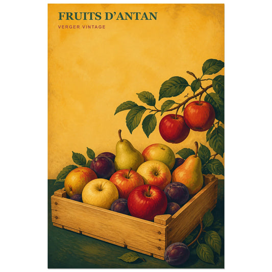 Affiche Fruits d’Antan – Verger Vintage, illustration publicitaire de verger au charme vintage verticale, format 30 × 45 cm