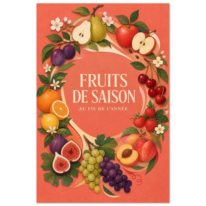 Affiche Fruits de Saison – Au Fil de l’Année, papier découpé et gouache verticale, format 30 × 45 cm
