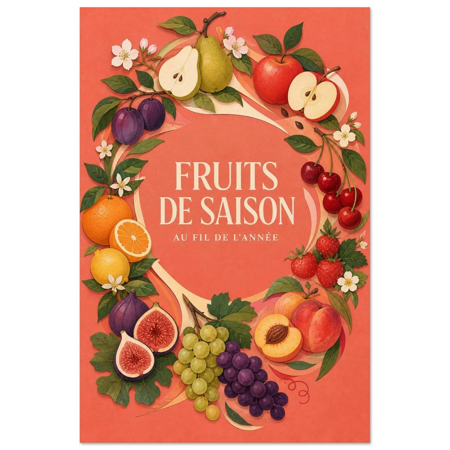Affiche Fruits de Saison – Au Fil de l’Année, papier découpé et gouache verticale, format 40 × 60 cm