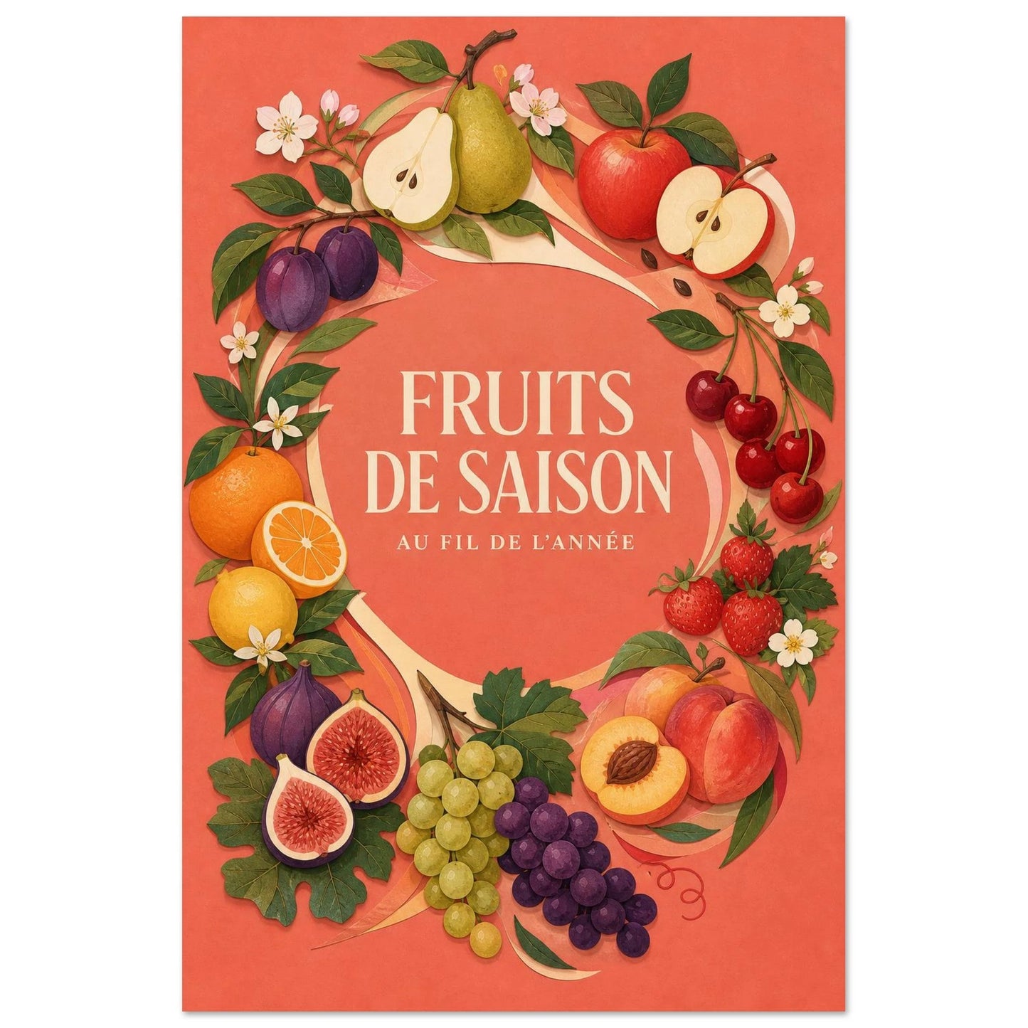 Affiche Fruits de Saison – Au Fil de l’Année, papier découpé et gouache verticale, format 60 × 90 cm